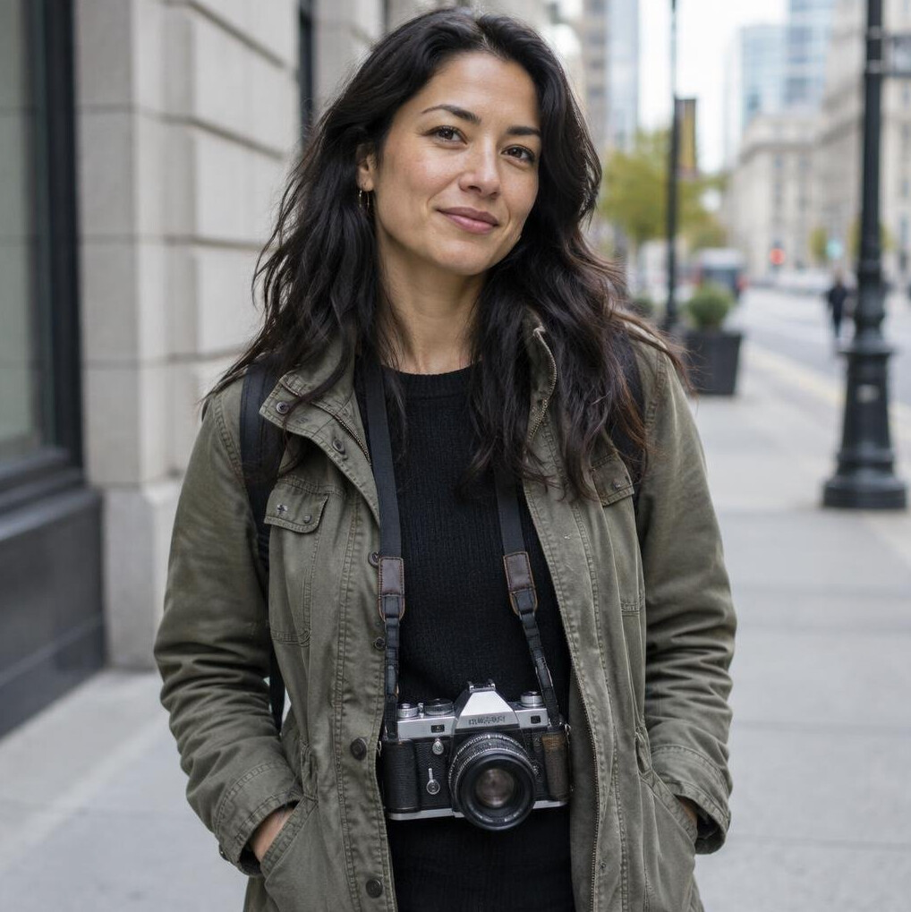 Portrait of a street photographer holding a camera on a city sidewalk