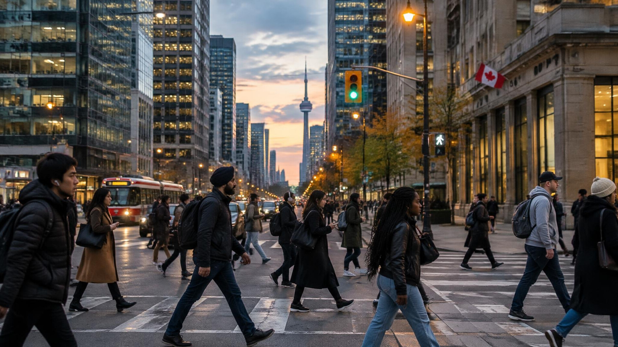 Pedestrians crossing a busy downtown Canadian street at dusk