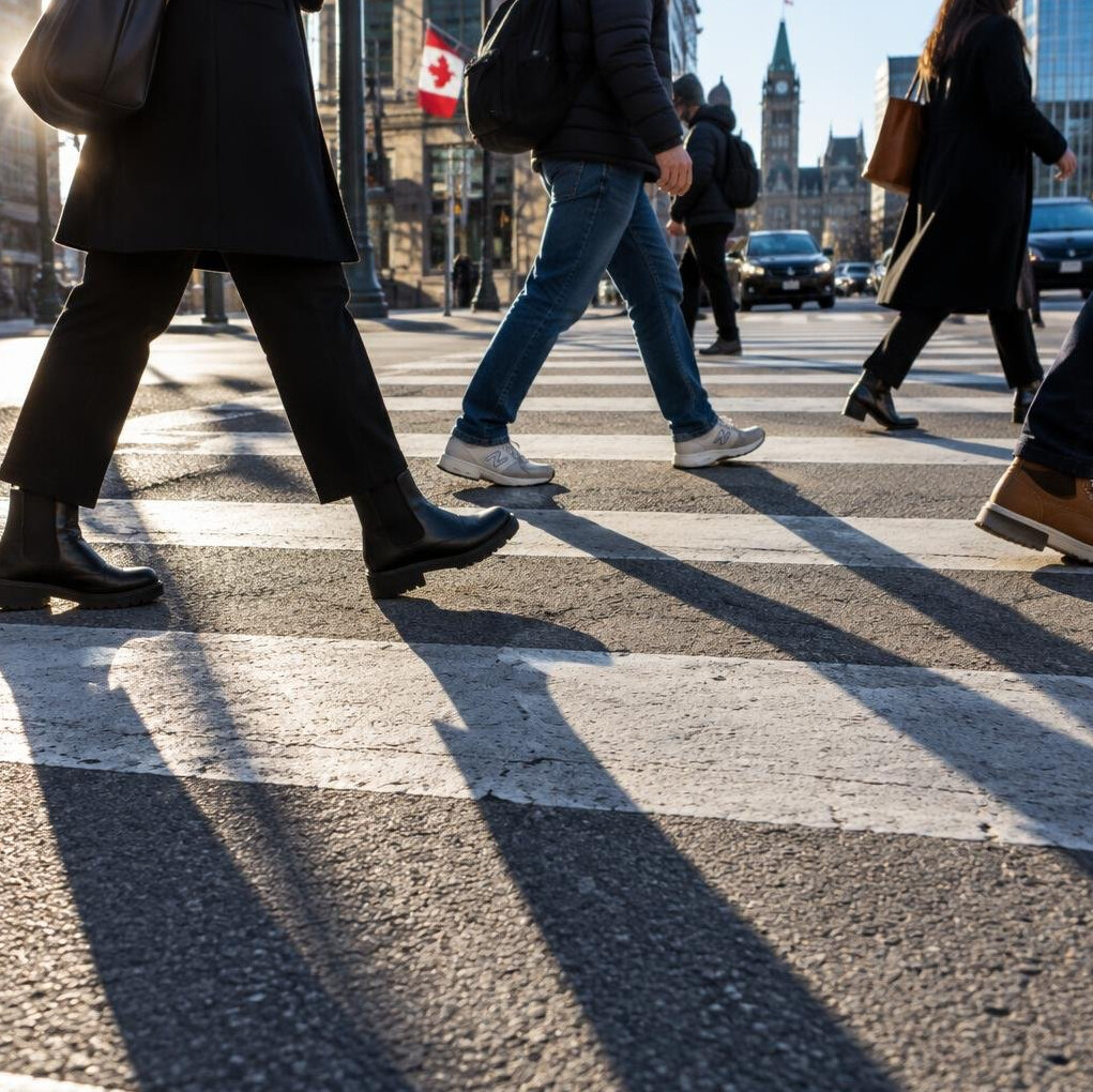Close crop of feet and shadows crossing a city crosswalk