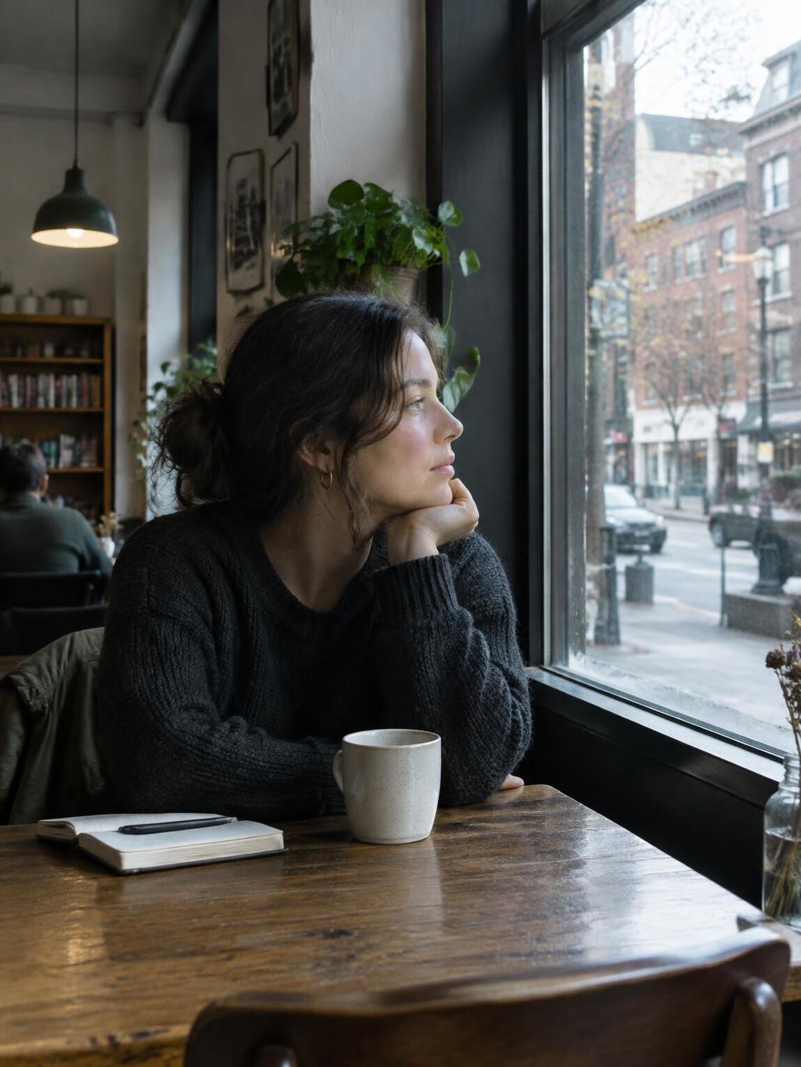 Person reading near a window inside a small city cafe