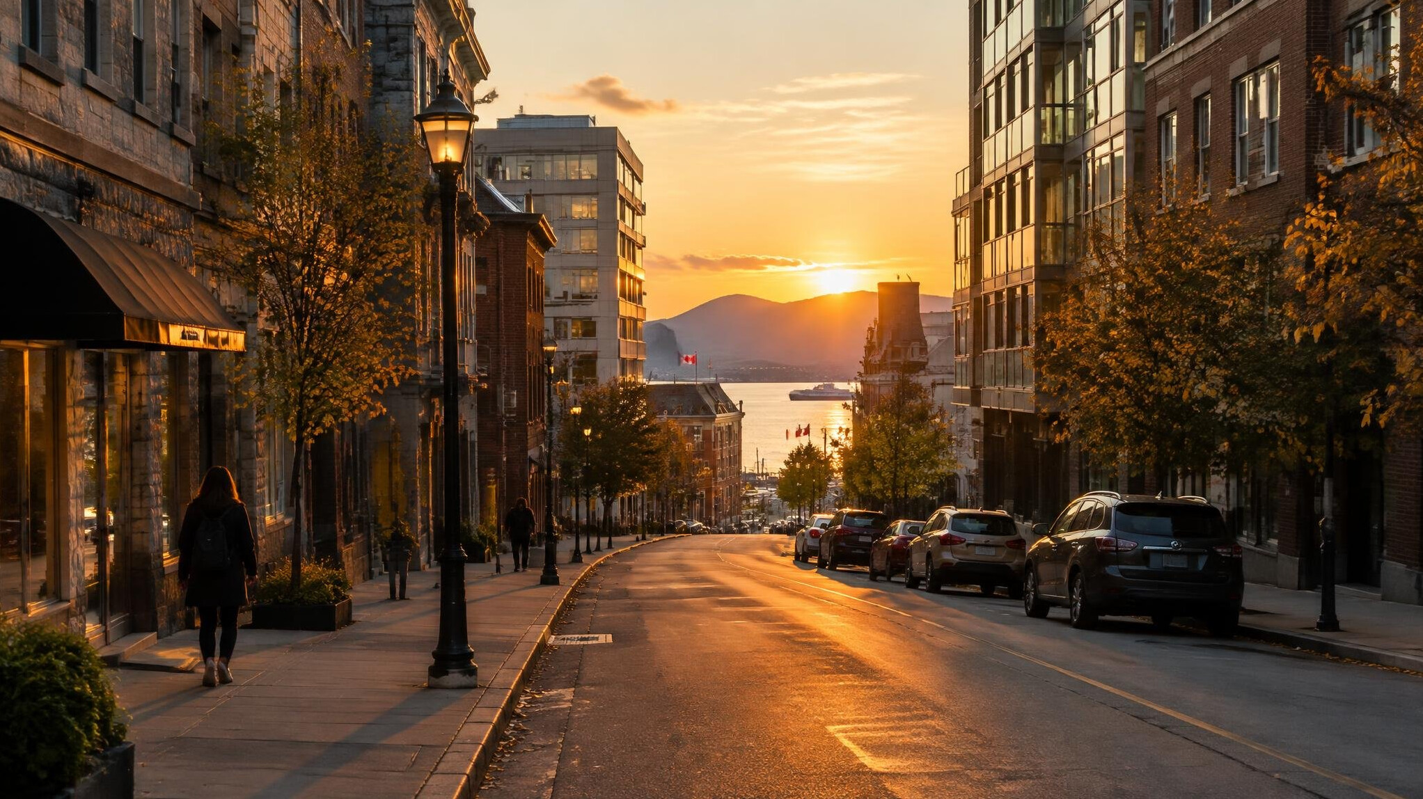 Quiet city street with warm evening light between buildings