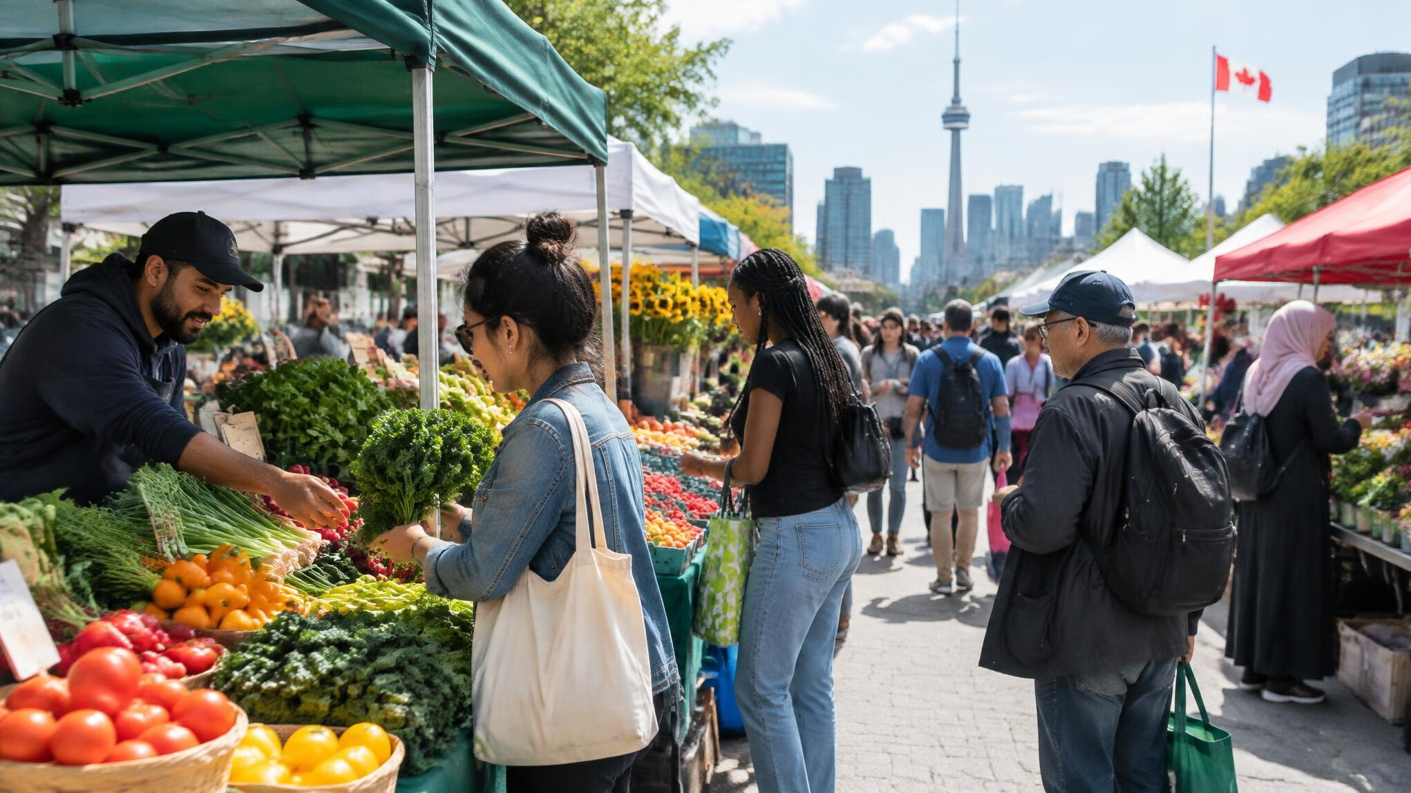 Vendors and shoppers at an outdoor public market