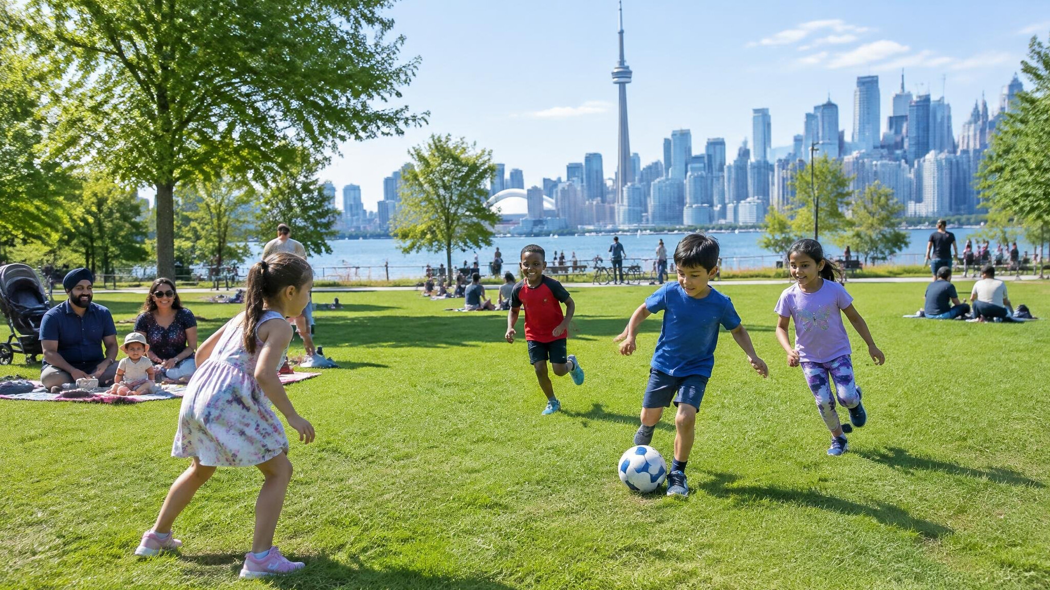 Families and children playing in a public city park