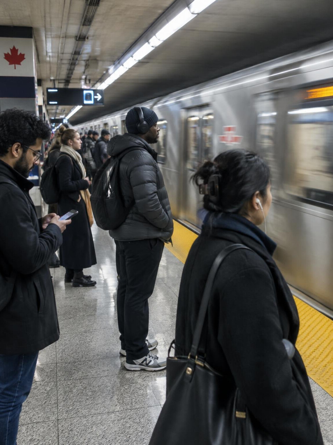 Commuters waiting on a subway platform in a Canadian city