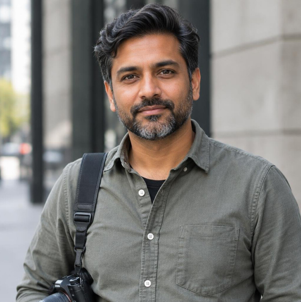 Studio portrait of a male street photographer with a camera