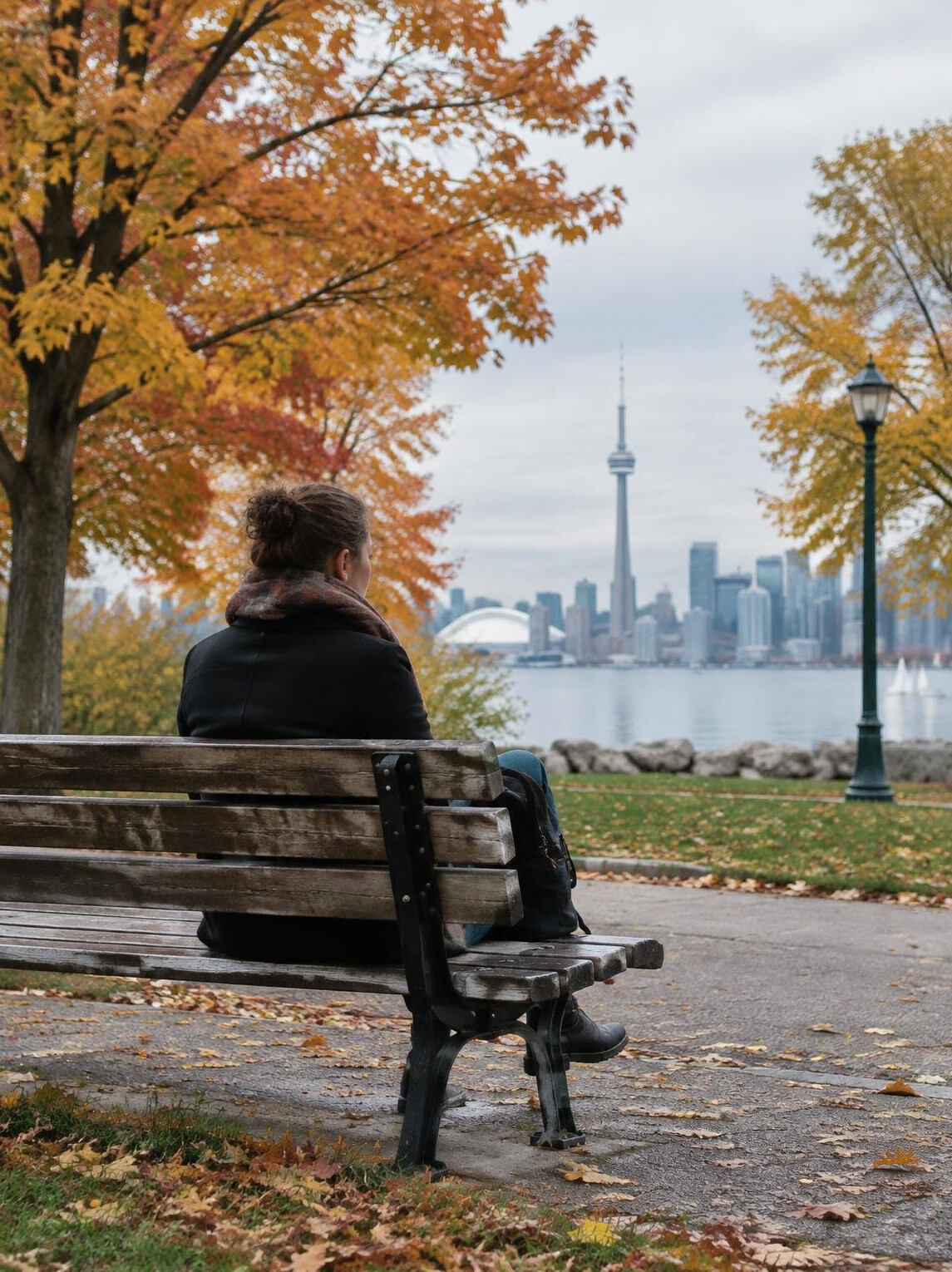 Person sitting alone on a public bench in a city park