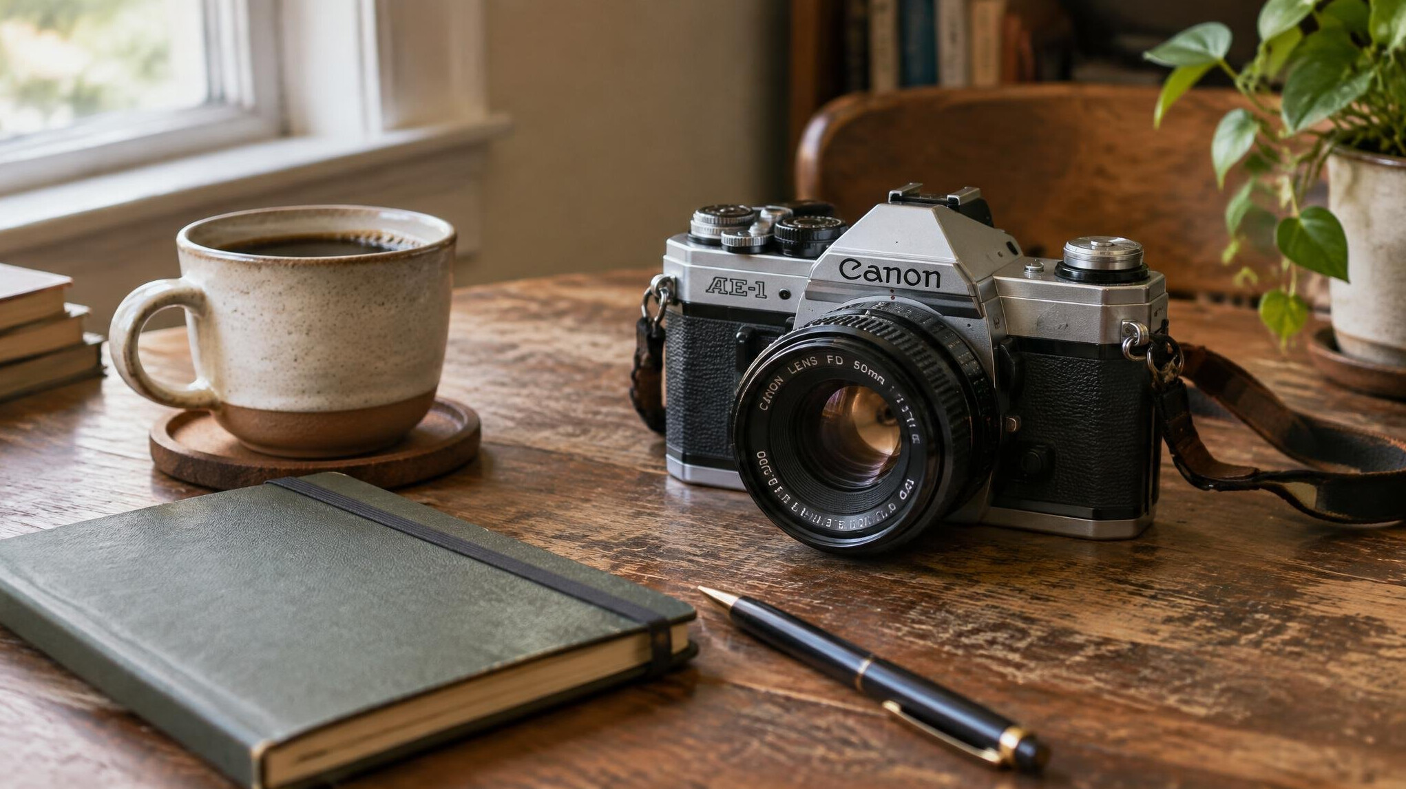 Vintage film camera resting on a wooden table